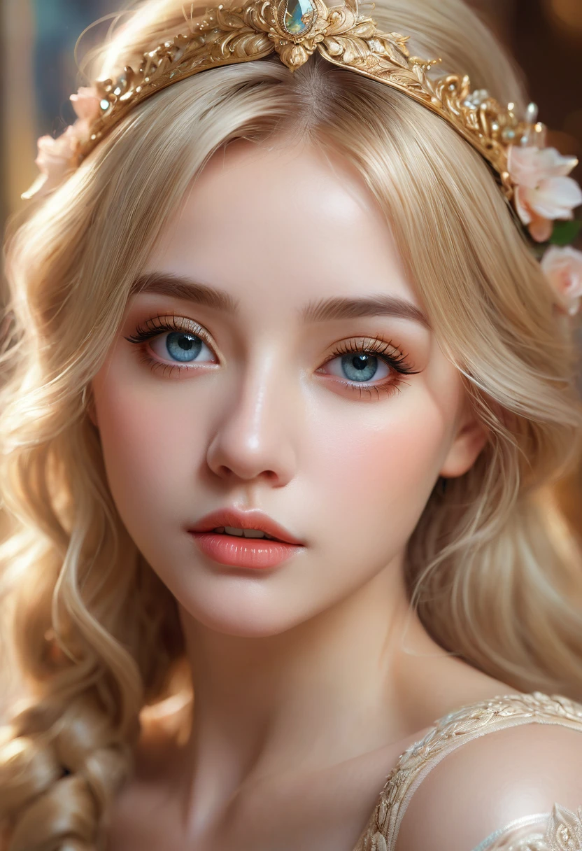 a beautiful girl,blonde hair,extremely detailed face and eyes, long eyelashes, beautiful detailed lips, 1girl, portrait, fantasy, digital painting, ethereal, soft lighting, warm colors, cinematic, highly detailed, intricate, ornate, elegant, delicate, serene, dreamlike, breathtaking, stunning, exquisite, masterpiece