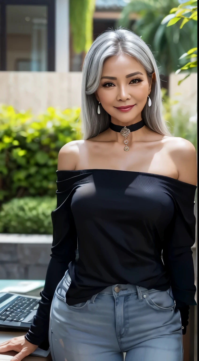 Off-the-shoulder shirt 75 years old mom milf Chinese Lady large earring Big choker navel piercing decoration A bracelet Silver Hair realisitic Gorgeous Madame Beautiful Mature Woman sexly Smile Gentle woman navel piercing 4K High quality office computer mobile phone Gorgeous Madame Beautiful Mature Woman