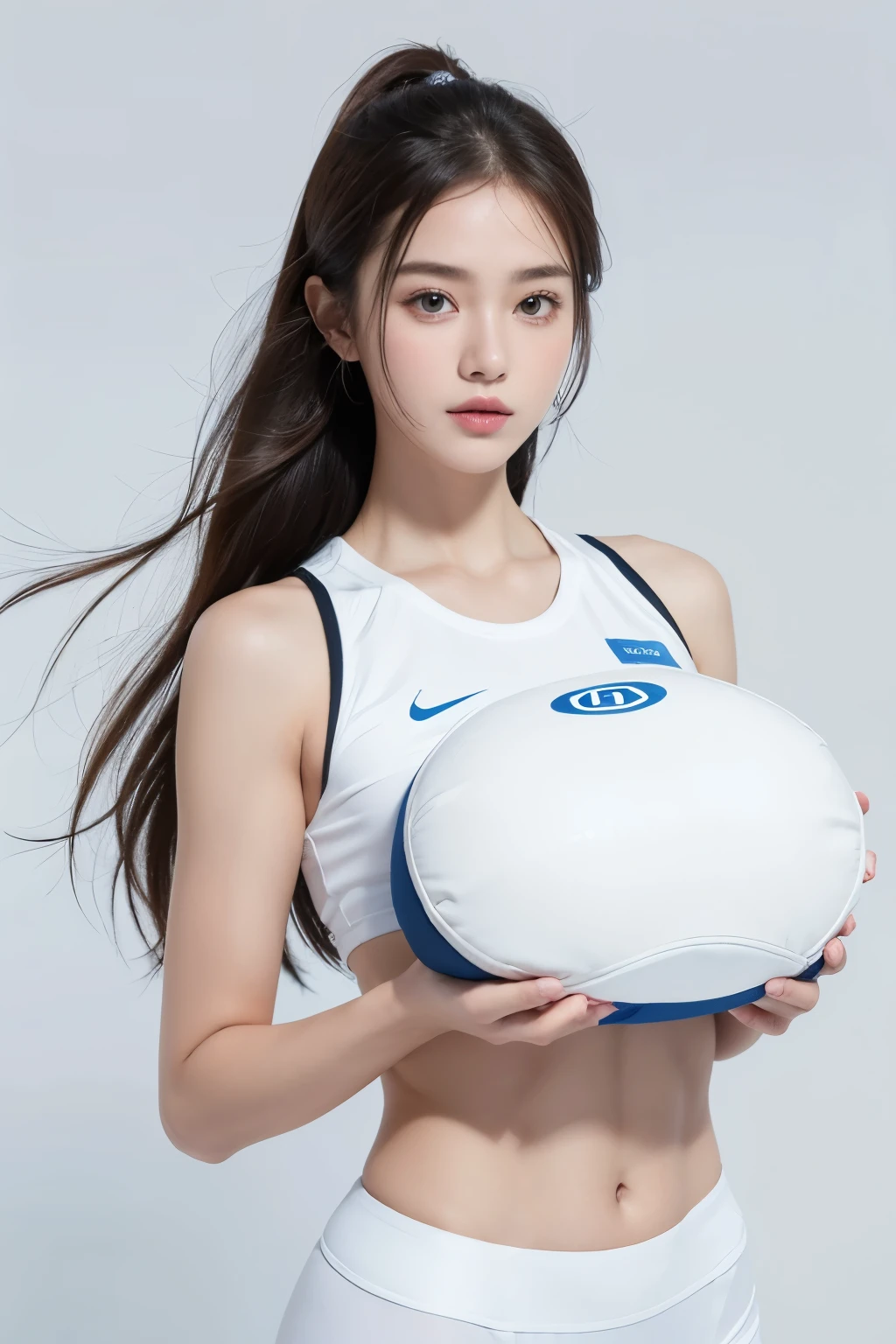A beautiful girl in sportswear,Hands holding a white disk,The background is clean and simple,Super Fine,8k ultra high definition,masterpiece