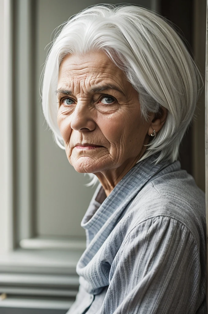 An old woman with white hair and a straight face.
