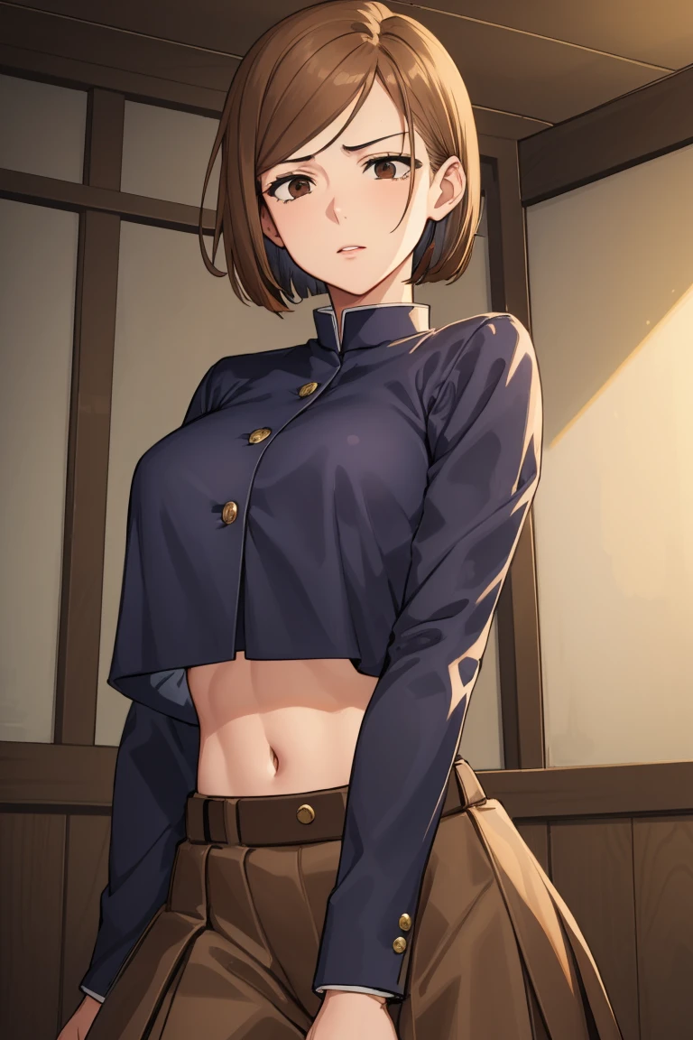 Nobarakugisaki, Nobara Kugisaki, Bob cut, (brown eyes:1.7), brown hair, lips, short hair,
BREAK Belt, brown belt, brown pantyhose, Crop above, Trimming Top Overhang, Uniform de Jujutsu Tech, shackles, Skirt plisada, Tucked in shirt, Skirt, Skirt azul, Crop Top azul,
REST looking at the viewer,
REST indoors, Classroom,
TO BREAK (Masterpiece:1.2), The best quality, High resolution, Unity 8K Wallpaper, (illustration:0.8), (Beautiful detailed eyes:1.6), extremely detailed face, Perfect lighting, Extremely detailed CG, (perfect hands, perfect anatomy), pose sexy, sensual, provocative