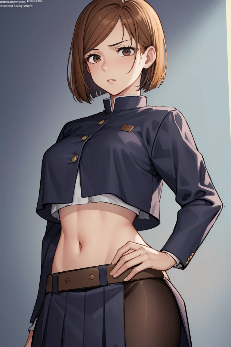 Nobarakugisaki, Nobara Kugisaki, Bob cut, (brown eyes:1.7), brown hair, lips, short hair,
BREAK Belt, brown belt, brown pantyhose, Crop above, Trimming Top Overhang, Uniform de Jujutsu Tech, shackles, Skirt plisada, Tucked in shirt, Skirt, Skirt azul, Crop Top azul,
REST looking at the viewer,
REST indoors, Classroom,
TO BREAK (Masterpiece:1.2), The best quality, High resolution, Unity 8K Wallpaper, (illustration:0.8), (Beautiful detailed eyes:1.6), extremely detailed face, Perfect lighting, Extremely detailed CG, (perfect hands, perfect anatomy), pose sexy, sensual, provocative