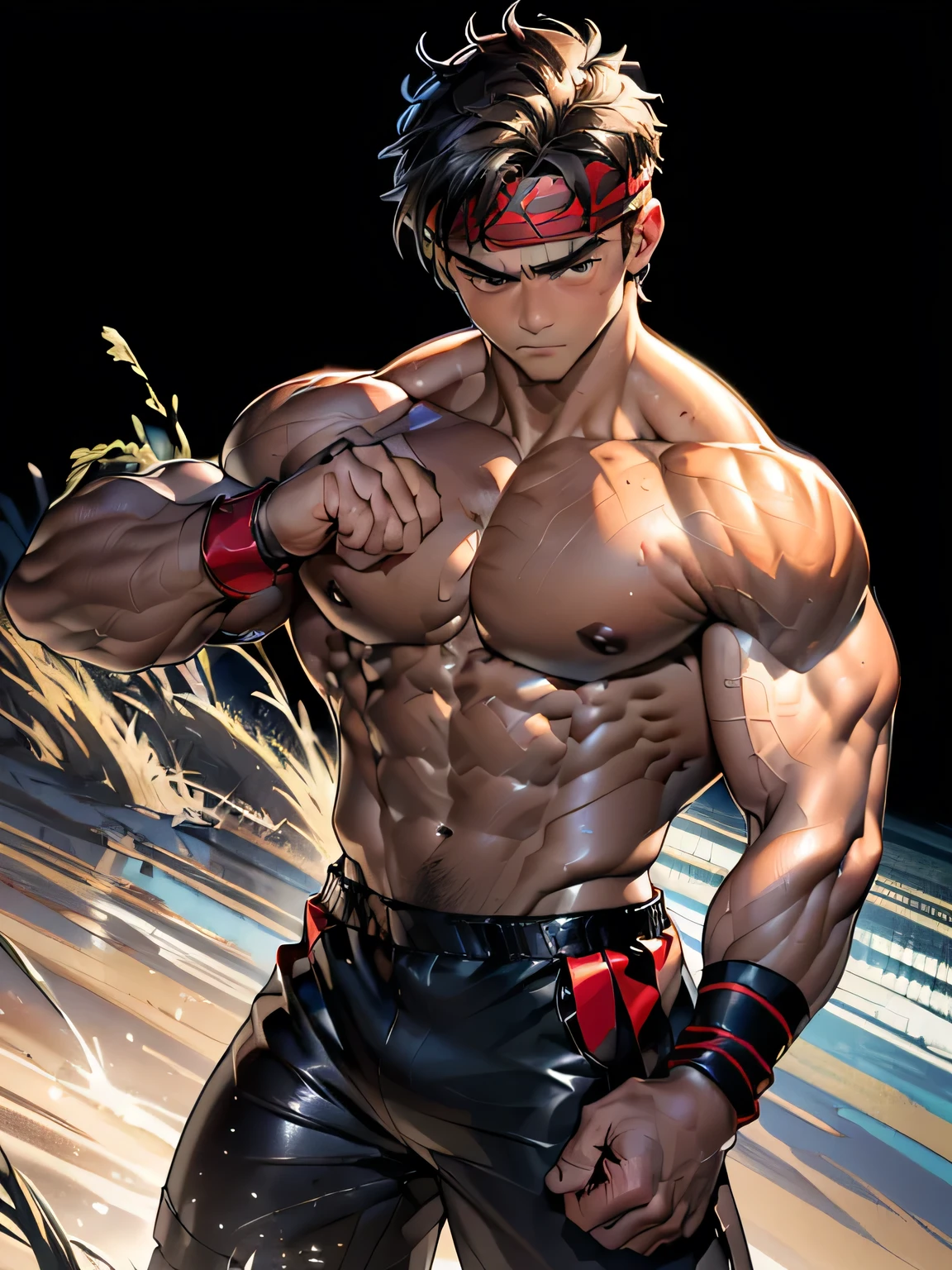 (Masterpiece, Best quality 19 year old boy, black background, cowboy shot, looking away), solo, Young, boy, muscler, Shirtless, topless, (Dark Short straight hair, almost completely shaved hair, under cut, brown eyes), (red headband, ((leather fingerless grobe, black wristband))), ((hot Abs:1.2, big :1.2, upper arms, jacked muscle, beautiful musculature, aesthetic striations, inspirational physique, lean muscle, square pecs, beautiful v-taper, great abs and torso), Vivid colors, detailed face, detailed muscle, (((rippling muscles, fighting pose, struggle, combats, ready to action)))