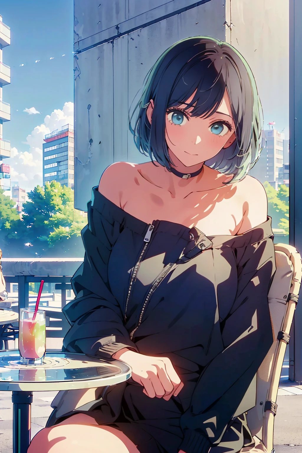 (Highest quality:1.4、8K:1.4、detailed)、F cup bust、Big Breasts、Slim body、Very white beautiful skin、((((1 person、Surprised expression、sit、Chair、In the background are the urban buildings of Tokyo、looking at the camera、Outdoor café terrace、Navy hair color、juice、table、Very cute face))))、Shooting up close、((((nude、Areola))))、(Pose with hair tucked behind ear with one hand:1.4、Cheek resting on hand:1.4)、((Off-the-shoulder black blouson with zipper))、Very blue sky、A completely cloudless sky