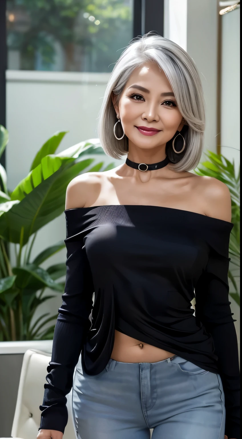  　75 years old　mom　milf　Chinese Lady　large earring　Big choker　navel piercing decoration　A bracelet　Silver Hair　realisitic　Gorgeous Madame Beautiful Mature Woman　sexly　Smile　Gentle woman navel piercing　４K　High quality office　computer　mobile phone　Gorgeous Madame Beautiful Mature Woman