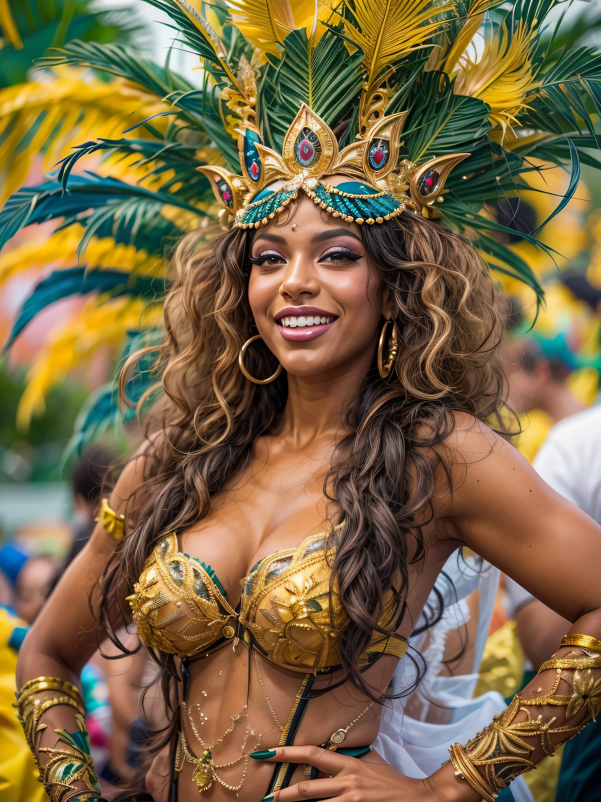 Amazing and ultra hot Brazilian transgender woman celebrating life in carnival,(bzccostume), bodypaint, ultra hot, she is ultra hot and sexy body, she has amazing figure, delicious round booty,((body painted body1.4)),small natural breast, beautiful gaze, happy smile, curly hair, latina transgender, shemale, sexy shemale, Carnival in Brazil, detailed background, depth in vision