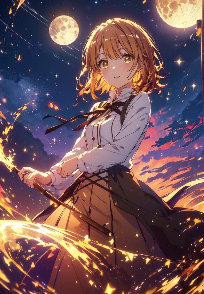 Irohaisshiki, isshiki iroha, short hair, Brown Hair, (Brown eyes:1.5), smile,Open your mouth,((Night Sky)),((Big full moon)),((Sparkling and colorful stars)),Fluffy hair,((Idol style costume with soft volume)),Long skirt,((witch)),Has a jeweled wand,
break outdoors, forest,forest
break looking at viewer,Upper Body,
break (masterpiece:1.2), Highest quality, High resolution, unity 8k wallpaper, (shape:0.8), (Narrow and beautiful eyes:1.6), Highly detailed face, Perfect lighting, Highly detailed CG, (Perfect hands, Perfect Anatomy),