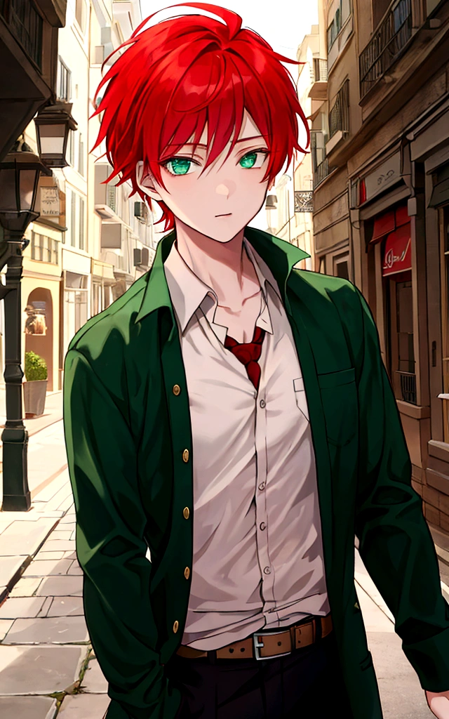 A boy with red hair and green eyes