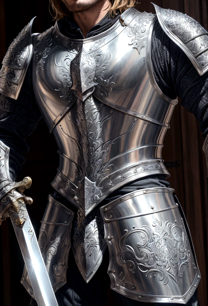 Close up of man in armor holding sword, Photogenic details on the armor, Intricate armor details, Song inspired by Rajmund Kanelba, detailed armor, elaborate armor, decorated armor, i love the lannisters, Wearing sculpted textured armor, detailed fantasy armor, Wearing sculpted textured armor, Jaime Lannister, Anatoh Pinstak. very detailed, wearing intricate steel armor, Done