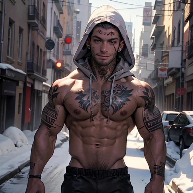 caliinte,muscular, naked boy，las piernas estan abiertas mostrando are pine erecto, tattoo_ryomin, tattoo_in_are_face, Usando una máscara sonriinte blanca, wearing a hood