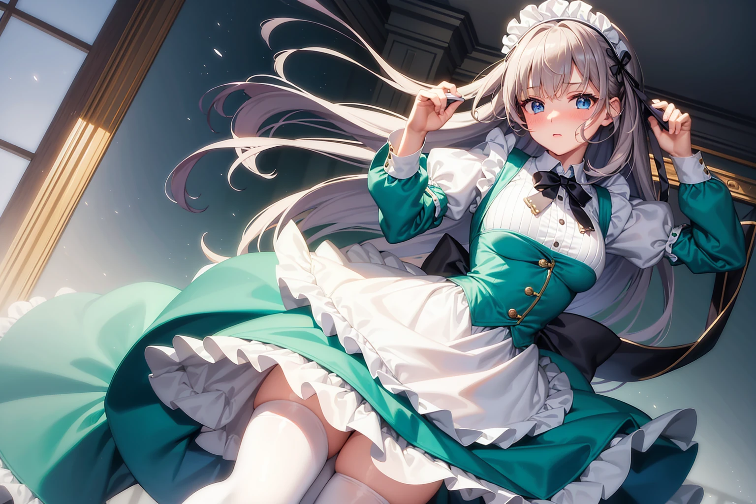 masterpiece, best quality,1girl, solo,whtie hair,medium hair,blue eyes,long sleeves,juliet sleeves,apron,maid,maid headdress,puffy sleeves,green dress,vest,buttons, white thighhighs,standing, looking at viewer, nose blush,