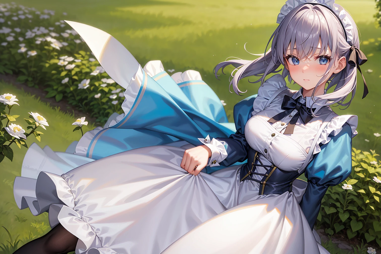 masterpiece, best quality,1girl, solo,whtie hair,medium hair,blue eyes,long sleeves,juliet sleeves,apron,maid,maid headdress,puffy sleeves,green dress,vest,buttons, white thighhighs,standing, looking at viewer, nose blush,