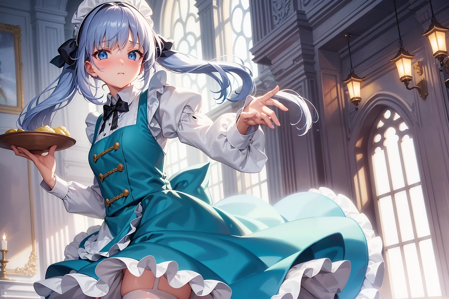 masterpiece, best quality,1girl, solo,whtie hair,medium hair,blue eyes,long sleeves,juliet sleeves,apron,maid,maid headdress,puffy sleeves,green dress,vest,buttons, white thighhighs,standing, looking at viewer, nose blush,