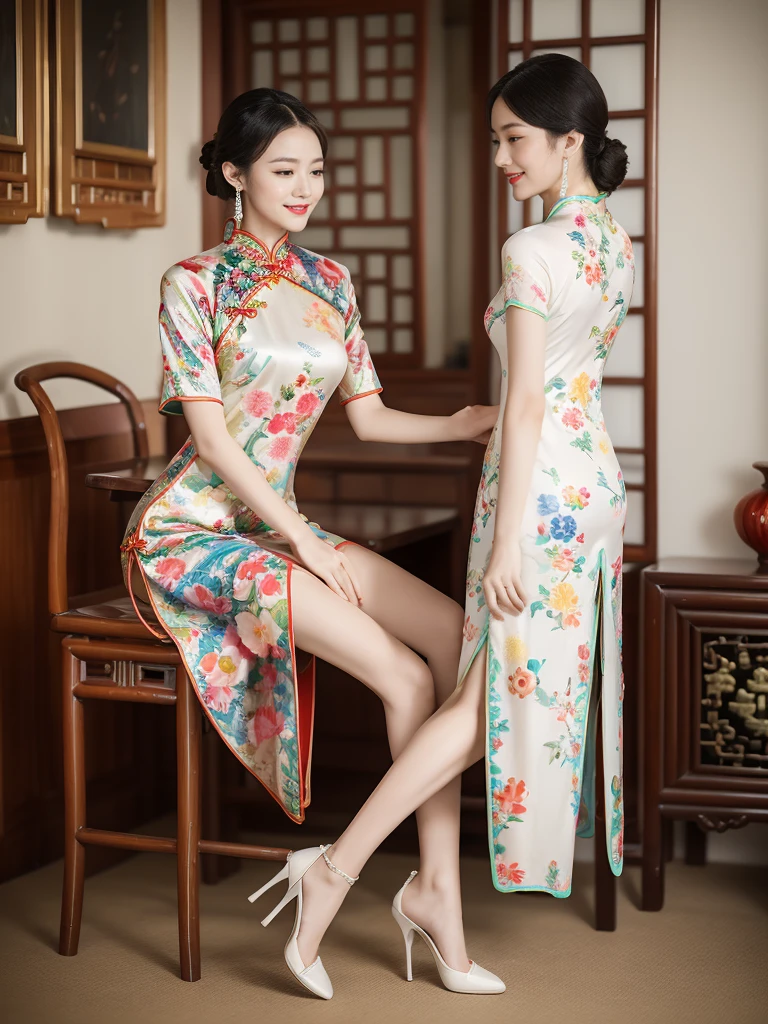 light, Ray Tracing, Film Grain, Depth of Field, Ultra HD, masterpiece, best quality, Super Detail, The award-winning, high resolution, High Detail, Real human skin, Natural skin texture, 1 Girl, Oval face, cheongsam, whole body,Big breasts,indoor, (((Show your thighs))), Bare thighs, Beautiful legs, ((Chest)), Full figure, whole body, kiss, ((Colorful Chinese Clothing)), sit在地上, Smile, High heel, (sit:1.3), Chinese furniture, vase, Sense of space, Face lighting, Depth of Field, Natural light, Flowers, plant, Art Deco Design,