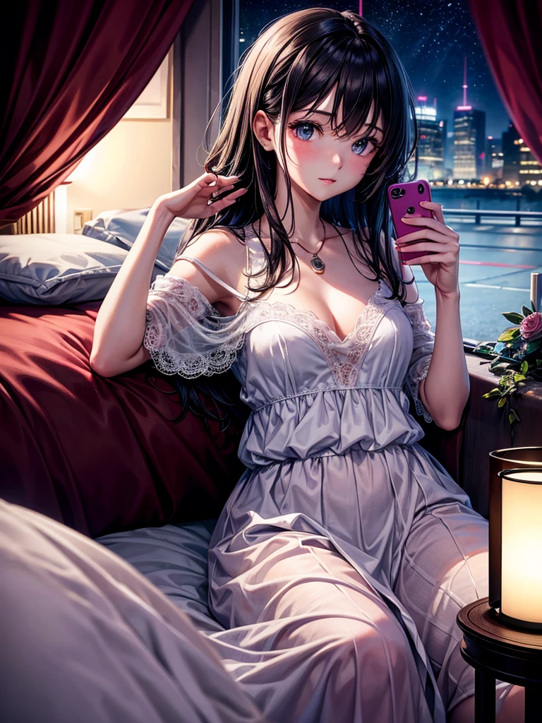 Highest quality,Highest Resolution,1Beautiful girl of the person,Get in bed and use your cell phone,sleep,holding a mobile phone in hand,Dark night room,