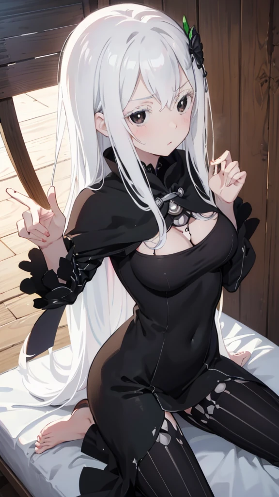 masterpiece, best quality, high resolution, best illustration, super fine illustration, (official art:0.7), (anime screencap:0.8), detailed beautiful face and eyes, anime keyvisual, (perfect anatomy:1.1), 8k portrait, (detail focus fingers:1.2), 
1girl, 
Echidna \(re:zero\),
long hair, 
white hair, 
(black eyes:1.2), 
(medium breasts:0.8), 
black dress, black cape, long dress, 
looking at viewer, shoot from above, 
cowboy shot, blush, 
natural light, background of indoor, (nsfw:1.1), lie on the bed, show panties, spread legs, 