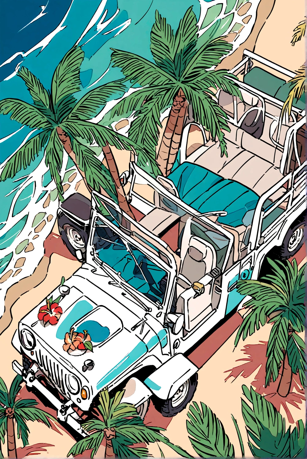 Above the upper half of the picture is a large expanse of blue sky, jeep, Palm tree,5 colors, Beach,Hawaiian style,Summer style