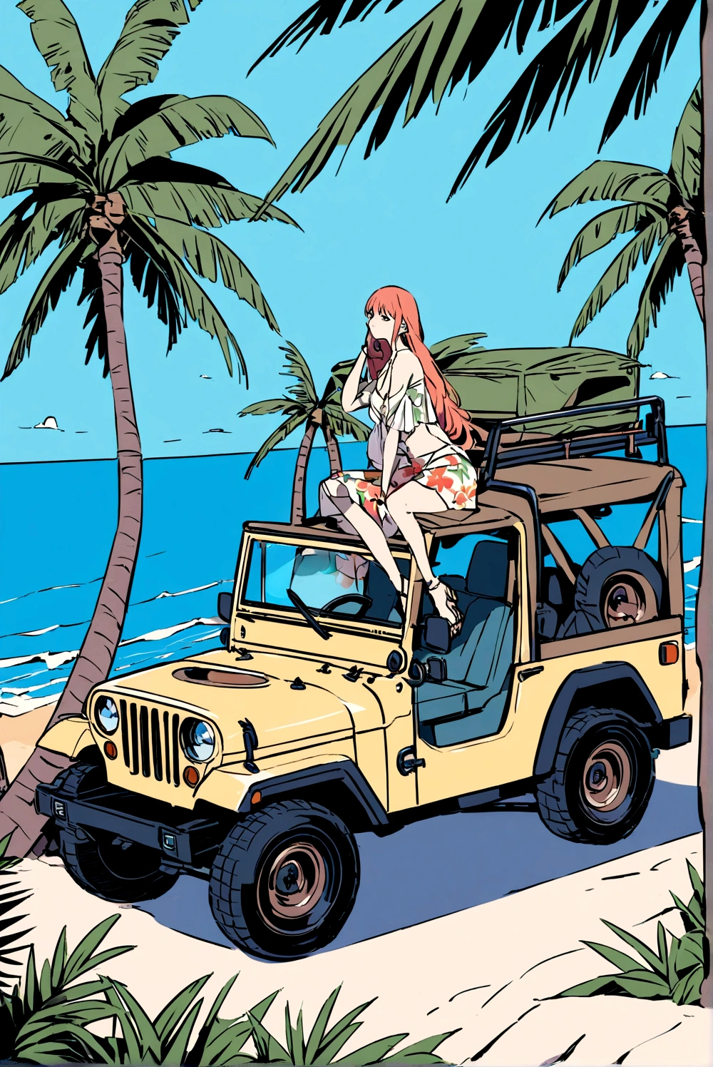Above the upper half of the picture is a large expanse of blue sky, Jeep on the beach, Palm tree,5 colors, Beach,Hawaiian style,Summer style,Bikini Beauty