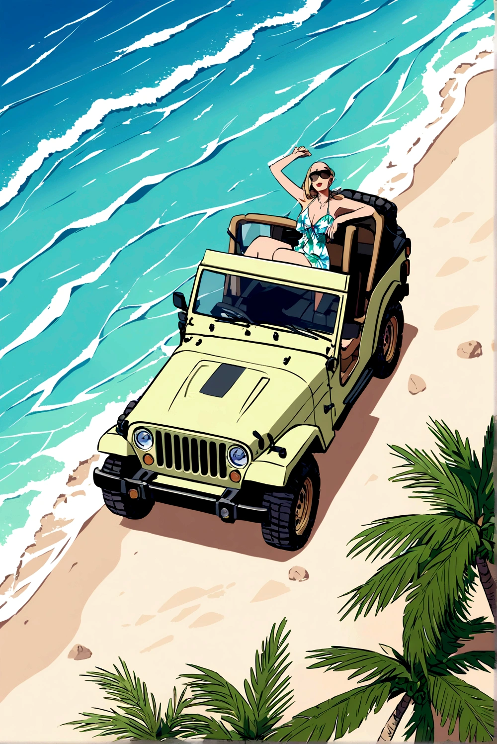 Above the upper half of the picture is a large expanse of blue sky, jeep, Palm tree,5 colors, Beach，Hawaiian style，Summer style，Bikini