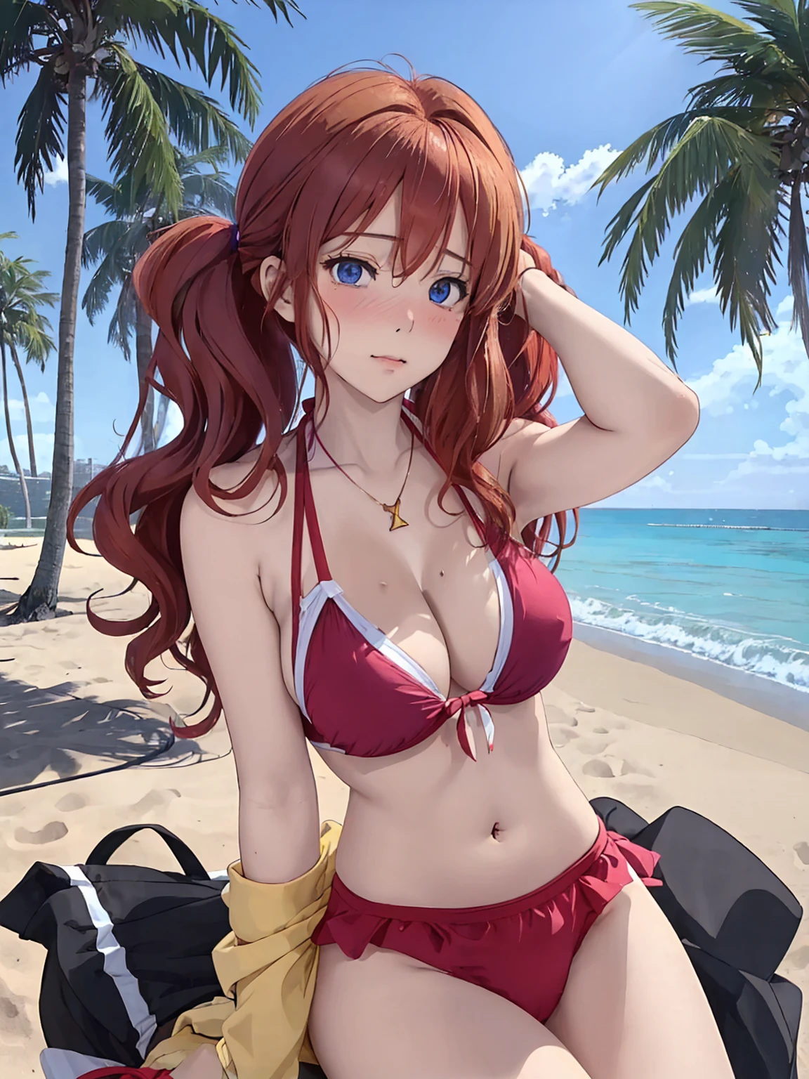 (This is a close-up shot of a young anime girl in a  on the beach:1.4),(solo:1.4),(1girl:1.4),(curly red hair:1.3),(violet eyes:1.2),(yellow  top:1.3),(green  bottom:1.2),(navel:1.1),(sitting on the beach:1.3),(palm trees in the background:1.2),(ocean in the background:1.2),(blue sky:1.1), (detailed face:1.3),(beautiful detailed eyes:1.3),(slightly parted lips:1.2),(shy embarrassed expression:1.3),(flushed cheeks:1.2),(slender body:1.2),(:1.3), (masterpiece:1.2),(best quality:1.3),(ultra high res:1.2),(photorealistic:1.1)