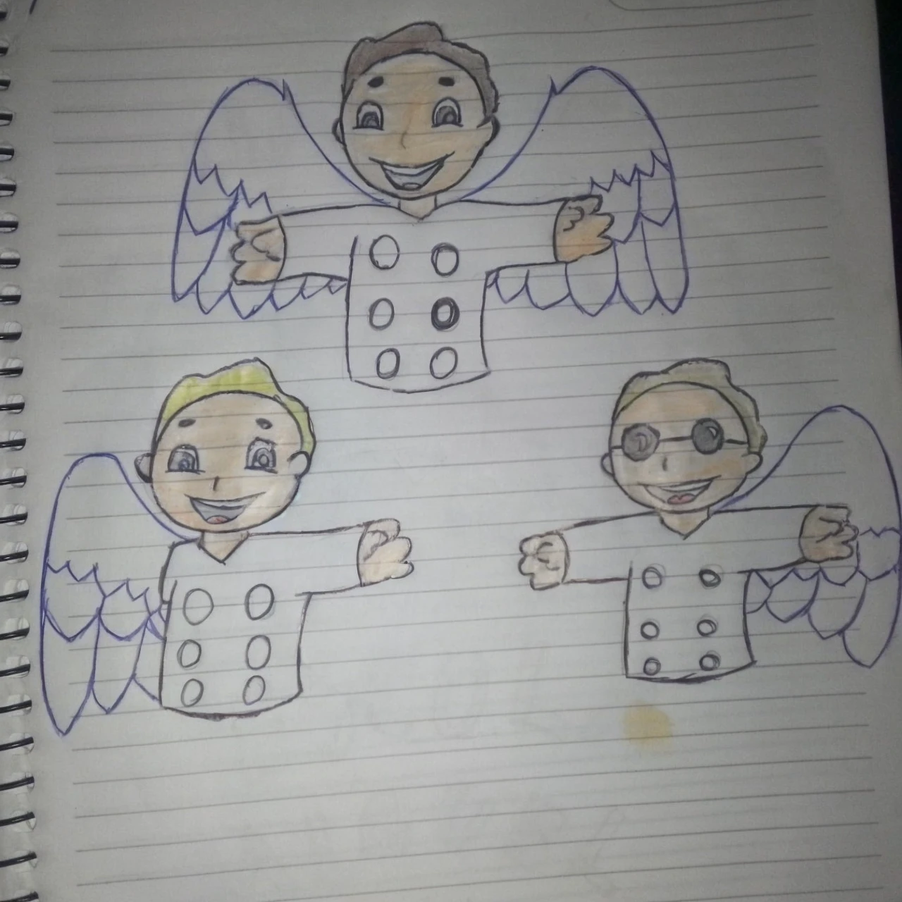Three angels with disabilities and one with white shirts with circles 