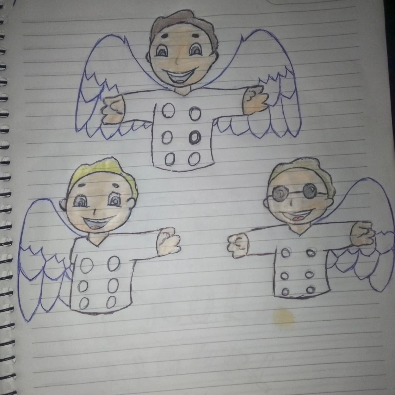 Three angels with disabilities and one with white shirts with circles