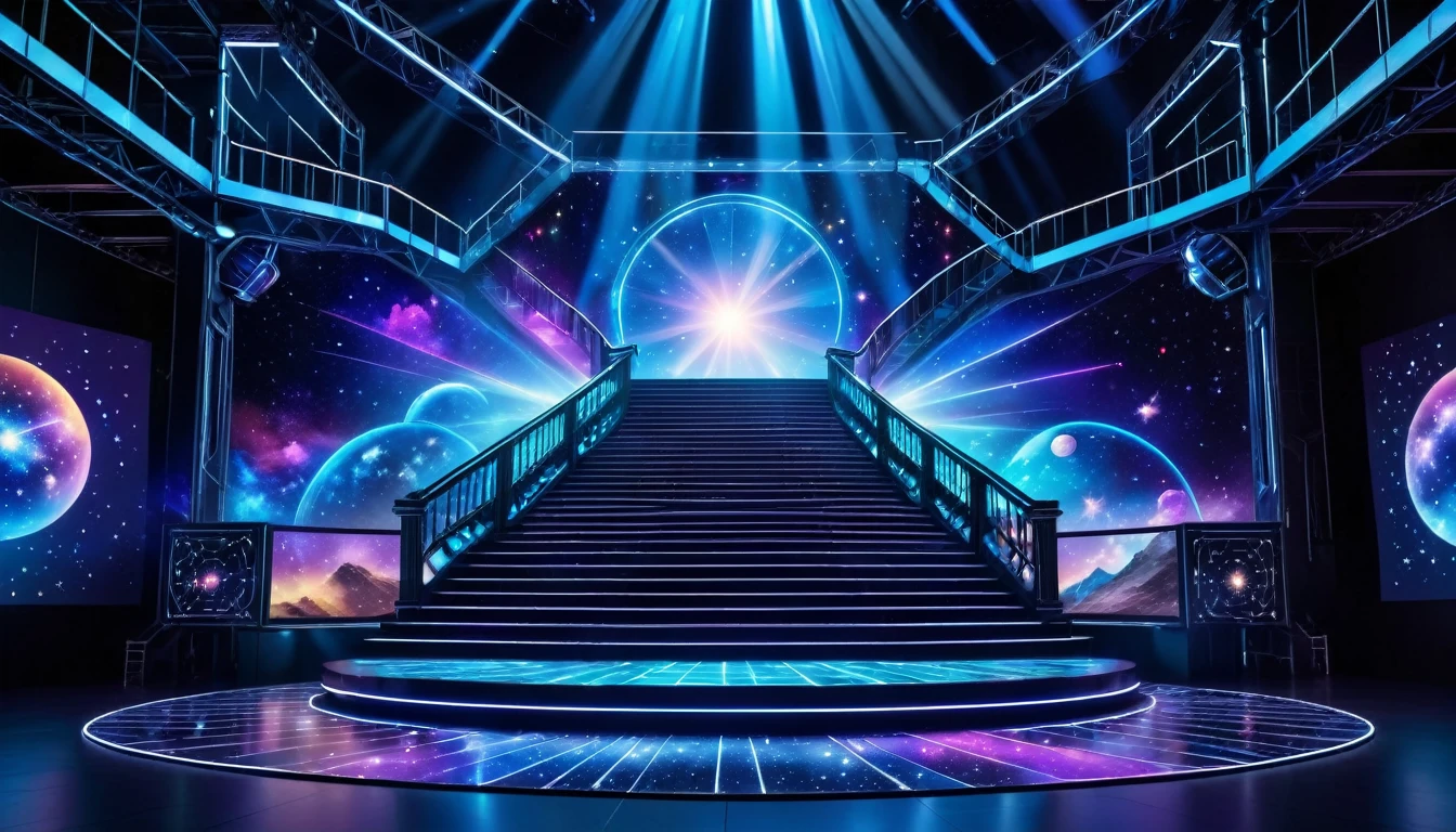 3D stage design, movie elements, projectors, stars and other elements, equipped with spotlights and neon lights. In the middle is an electronic screen decorated with elements such as the universe and projector. In front of it, there is a staircase. At night, the background receives a blue lighting effect, which contrasts with black