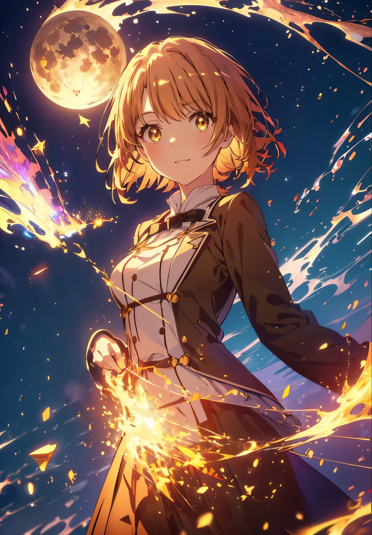 Irohaisshiki, isshiki iroha, short hair, Brown Hair, (Brown eyes:1.5), smile,Open your mouth,((Night Sky)),((Big full moon)),((Sparkling and colorful stars)),Fluffy hair,((Idol style costume with soft volume)),Long skirt,((witch)),Has a jeweled wand,
break outdoors, forest,forest
break looking at viewer,Upper Body,
break (masterpiece:1.2), Highest quality, High resolution, unity 8k wallpaper, (shape:0.8), (Narrow and beautiful eyes:1.6), Highly detailed face, Perfect lighting, Highly detailed CG, (Perfect hands, Perfect Anatomy),