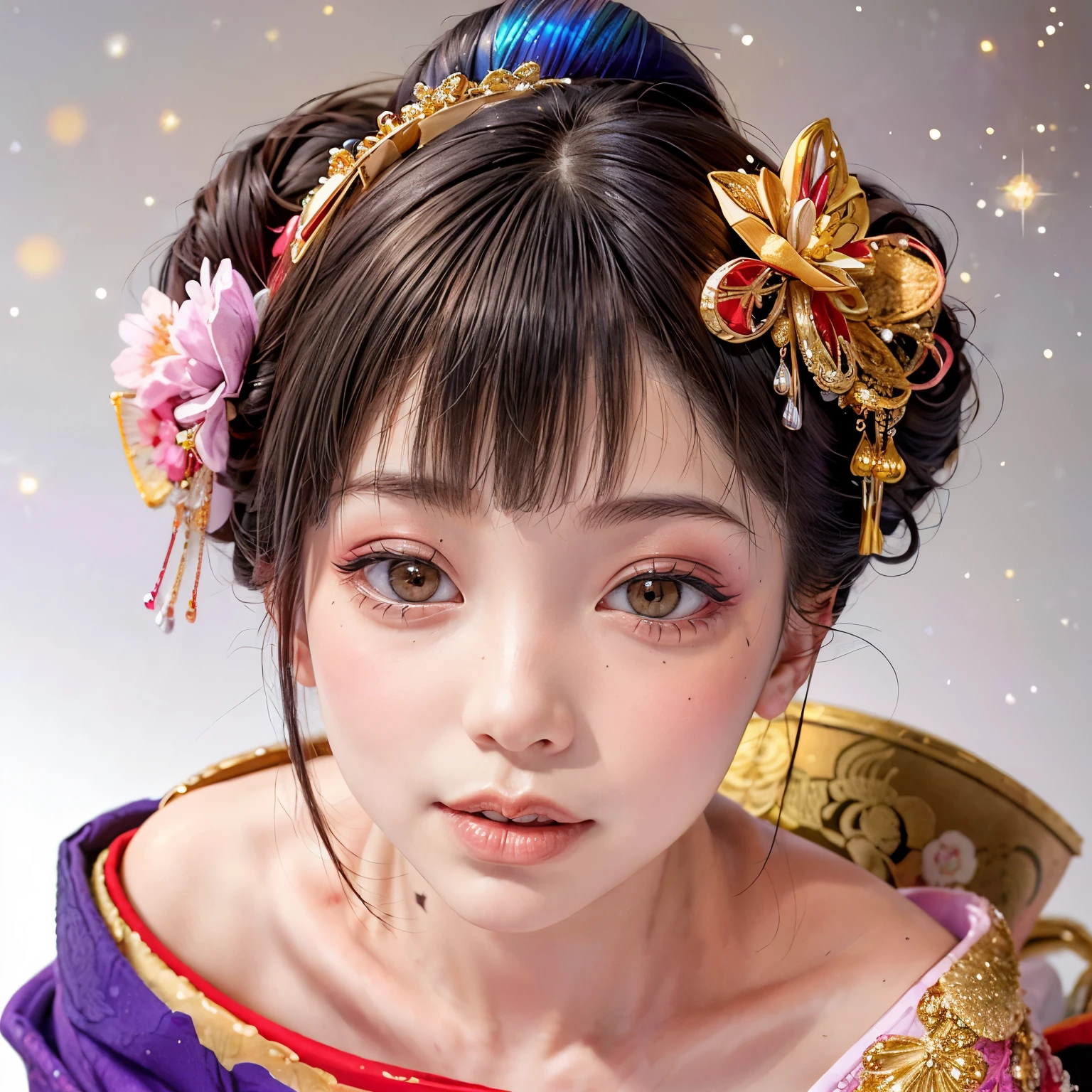 (PUNIPUNI clavicle KIMONO ((offshoulder)) KANZASHI FlowerHairpins Topknot TwinBun Oiran-Hair)High-level, 8K Masterpiece TopQuality, Ultra-detailed CG, Absurd detailed wallpaper, PerfectLighting, Extremely detailed (((Personifying " OIRAN " as a KAWAII Girl))), Characteristic Items, aesthetic LifeLike Rendering, MysticSight, Haze Tyndall Scattering, (Studio GRAY Background with (Oodles Dazzling Iridescent 🌈Particles (BokeH))), (((Assfocus)) RoundlyButt) ThighGap, (Exposed:0.44) 🔞 BREAK (Acutance:0.8), (NOGIZAKA FaceVariations) Extremely Detailed very KAWAII FaceVariations, Childish CaptivatingGaze ElaboratePupils ParfectEyes with (SparklingHighlights:1.28), (Voluminous LongEyelashes:0.88), 💄💋✨ GlossyRedLips with BeautifulDetails, CoquettishTongue, PUNIPUNI RosyCheeks, Radiant PearlSkin with Transparency, Glowing DowneyHair . { (Dynamic LifeLike expressions:1.4) | (:d) }, (large eyes:-1) .