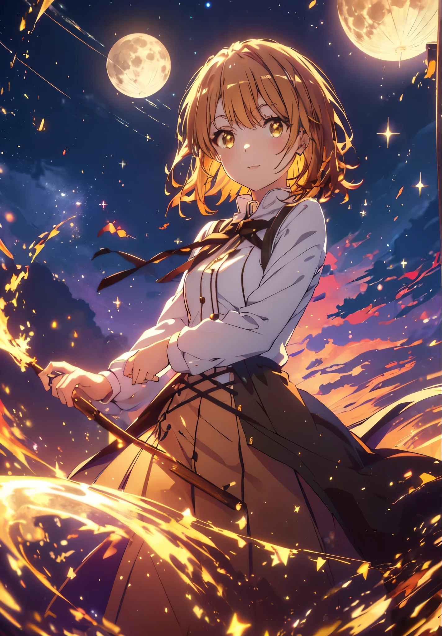 Irohaisshiki, isshiki iroha, short hair, Brown Hair, (Brown eyes:1.5), smile,Open your mouth,((Night Sky)),((Big full moon)),((Sparkling and colorful stars)),Fluffy hair,((Idol style costume with soft volume)),Long skirt,((witch)),Has a jeweled wand,
break outdoors, forest,forest
break looking at viewer,Upper Body,
break (masterpiece:1.2), Highest quality, High resolution, unity 8k wallpaper, (shape:0.8), (Narrow and beautiful eyes:1.6), Highly detailed face, Perfect lighting, Highly detailed CG, (Perfect hands, Perfect Anatomy),