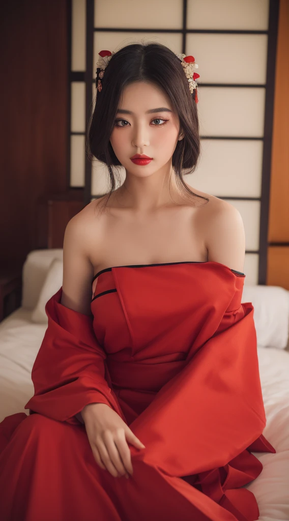 ((Best quality, 8k, Masterpiece :1.3)), Sharp focus :1.2, lipstik red ((beautiful Geisha. In kimomo red. Bare shoulder.))Sit down on the bed. Passionate pose_mix4, 20d,Hiper-realistis:1.37),16K HD,