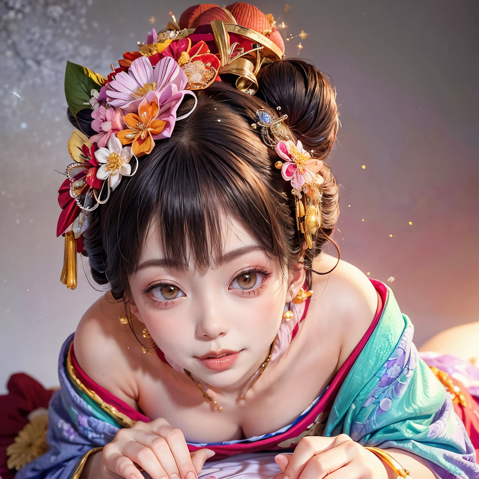 (PUNIPUNI clavicle KIMONO ((offshoulder)) KANZASHI FlowerHairpins Topknot TwinBun Oiran-Hair)High-level, 8K Masterpiece TopQuality, Ultra-detailed CG, Absurd detailed wallpaper, PerfectLighting, Extremely detailed (((Personifying " OIRAN " as a KAWAII Girl))), Characteristic Items, aesthetic LifeLike Rendering, MysticSight, Haze Tyndall Scattering, (Studio GRAY Background with (Oodles Dazzling Iridescent 🌈Particles (BokeH))), (((Assfocus)) RoundlyButt) ThighGap, (Exposed:0.44) 🔞 BREAK (Acutance:0.8), (NOGIZAKA FaceVariations) Extremely Detailed very KAWAII FaceVariations, Childish CaptivatingGaze ElaboratePupils ParfectEyes with (SparklingHighlights:1.28), (Voluminous LongEyelashes:0.88), 💄💋✨ GlossyRedLips with BeautifulDetails, CoquettishTongue, PUNIPUNI RosyCheeks, Radiant PearlSkin with Transparency, Glowing DowneyHair . { (Dynamic LifeLike expressions:1.4) | (:d) }, (large eyes:-1) .