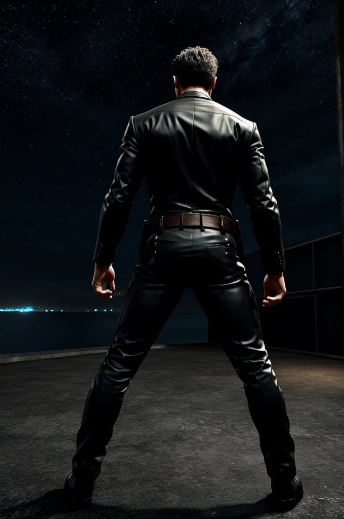 Powerful man back stand alone in dark night 3d