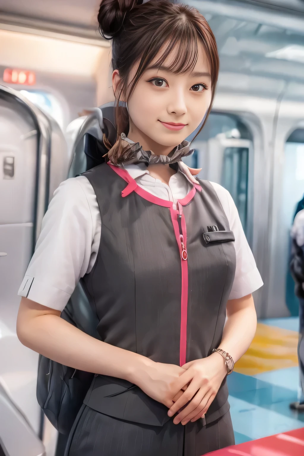 (masterpiece:1.2, Highest quality:1.2), 32k HDR, High resolution, (alone、1 Girl)、(Ride the bullet train、Professional Lighting)、Background in the car、(Realistic style of JR Gran Class crew uniform)、Short sleeve blouse、a scarf around the neck、(JR Gran Class flight attendant uniform with pink parts on the skirt sleeves)、(The uniform of a flight attendant in JR Gran Class has a pink line on the front zipper of the vest.)、Dark brown hair、(Hair tied up、Hair Bun、Hair Bun)、Dark brown hair、Long Shot、Big Breasts、((Great hands:2.0)),((Harmonious body proportions:1.5)),((Normal limbs:2.0)),((Normal finger:2.0)),((Delicate eyes:2.0)),((Normal eyes:2.0)))、Luxury Necklace、smile、Beautiful standing posture,