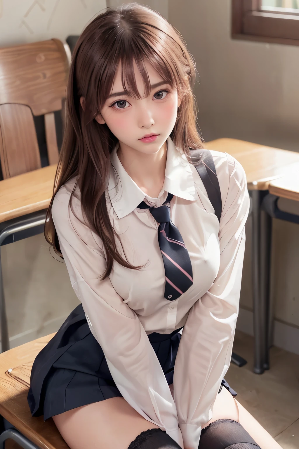 (Showing off panties:1.2), (Professional portrait, Realistic and perfectly shaped subjects:1.3), (masterpiece, highest quality:1.2), (Realistic, Ultra-realistic, Realistic:1.3), (ultra High resolution), High resolution, Intricate details, Super detailed, (Highly detailed CG, unity 8k wallpaper:1.3), Clear image,
break
(1 Japanese girl, ), (cute, Slender figure), (Perfect Anatomy, Correct limbs:1.2), (Perfect hands), Perfect Arms, Beautiful and delicate face down to the last detail, Beautiful and delicate eye and eye highlights, (Very thin and delicate、not too long lashes), (Captivating eyes, Beautifully detailed eyes and face), light makeup, Pink Lip, Lip gloss, Stylish face, (Shiny skin, Realistic skin detail), Brown Hair, medium chest
break
((school uniform)), (High school girl), (Black socks), shirt open
break
classroom, Sitting in a chair, (Cowboy Shot), break
(((blush:1.4))), ((Embarrassing:1.4)), (((shy:1.5)))
break
from below
break