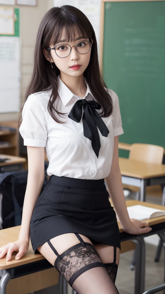 female teacher、Glasses、Sitting in a chair、White blouse、
Black Mini Skirt、garter belt