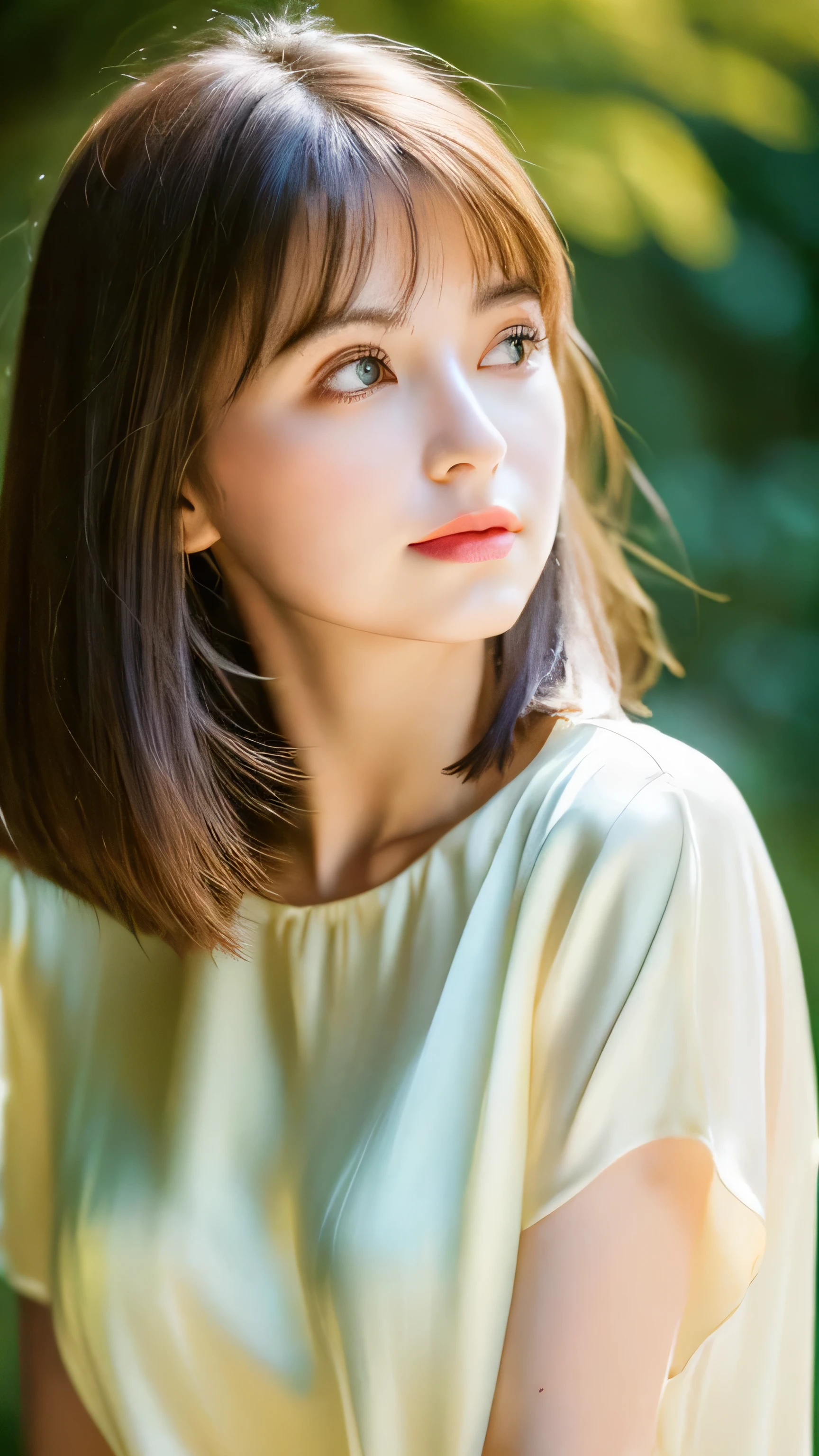 (Random Nationality):1.5, masterpiece, Highest quality, 8K, 20th Generation, (Large Breasts:1.2), cute, alone, sad, close, cute, Girlish, Delicate girl, Pure beauty,  RAW Photos, Professional photography, Portraiture, Soft Light, Professional Lighting, Backlight, Upper Body, avert your eyes, Sophisticated, Film Grain, (Eyes and facial details:1.0), Beautiful straight hair, Hair swaying in the wind, Silk blouse, Random hairstyle