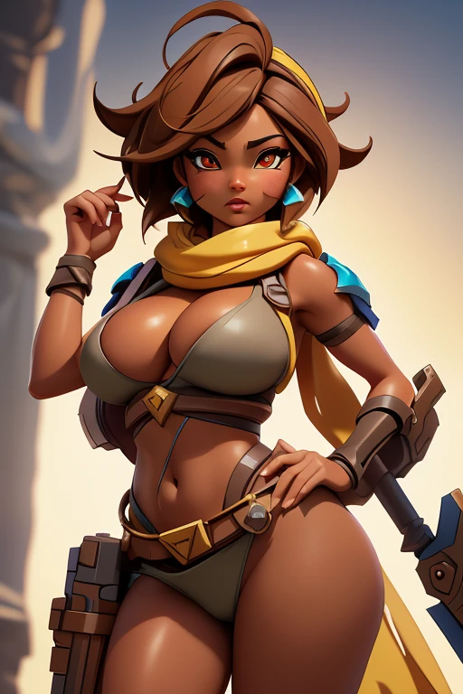 Best quality, masterpiece, ultra high res,photorealistic, raw photo,best quality,global illumination,8k wallpaper,official art, Amazing, finely detail,huge filesize, ultra-detailed,(extremely detailed eyes and face:1.2),(incredibly absurdres)), gigantic tits, uncensored, Kinessa from the paladins game, naked, yellow scarf, very short dark hair, Red eyes, tanned brown skin