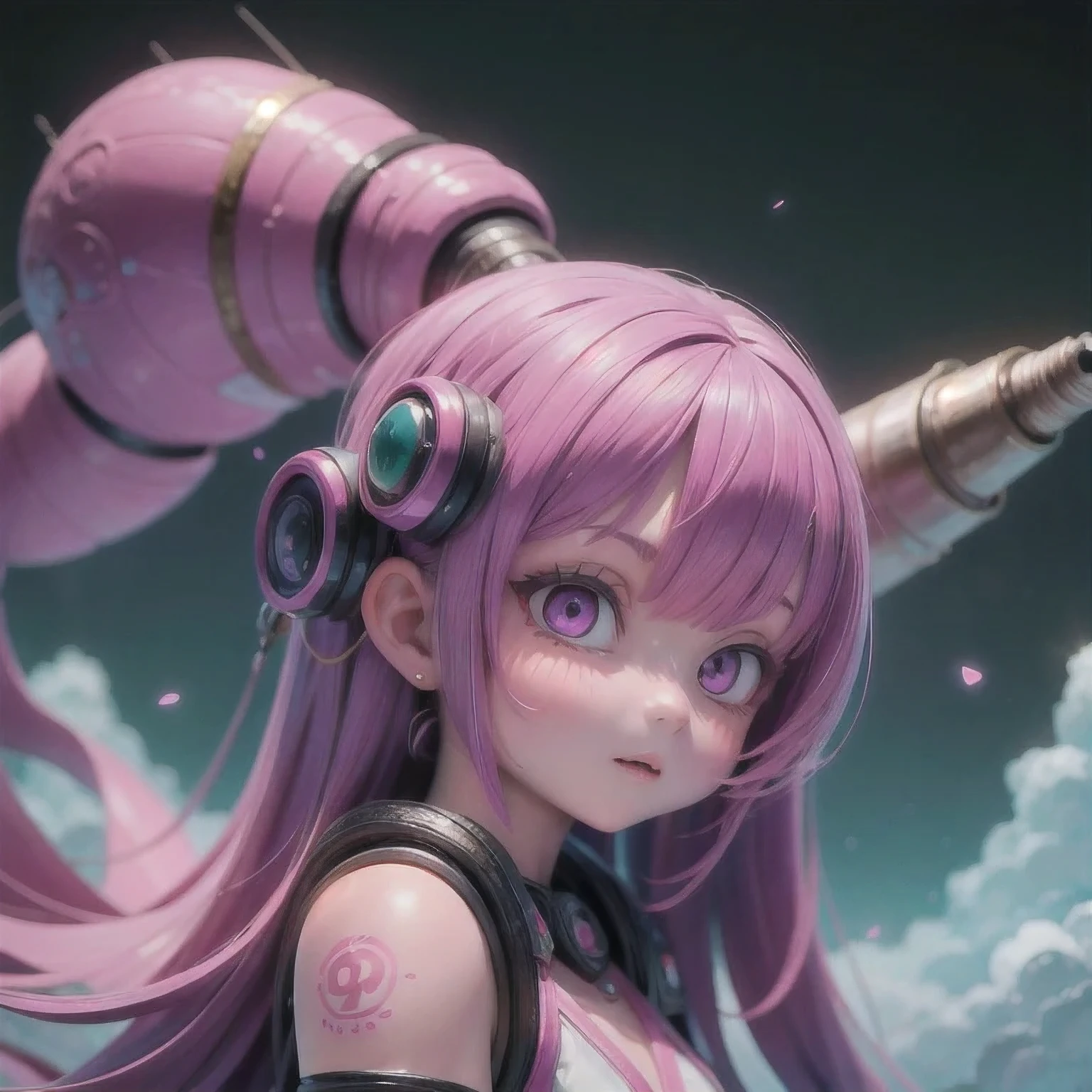 Photo of a college student, Purple Pink, Futuristic space suit, (freckle:0.8) Cute face, Science Fiction, Dystopia, Delicate eyes, Green pupils((side view))