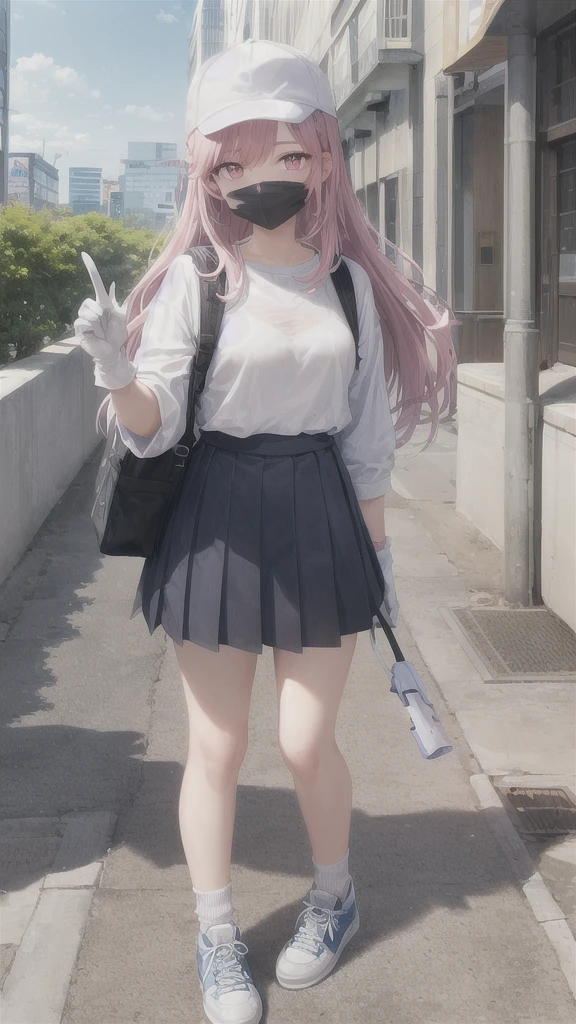 Japanese high school girl, standing on the sidewalk, posing with two fingers in both hands, distant view, pink hair, pink eyes, long hairstyle, wearing a white face mask, wearing a blue cap, wearing glasses with transparent lenses. , blue rims, raw footage, 4k resolution, white gloves, holding dual toy gun, backpack, long blue skirt down to the knee, white socks up to the knee, blue-white sneakers, street and city background, morning, bright blue sky, bright white clouds in random position.