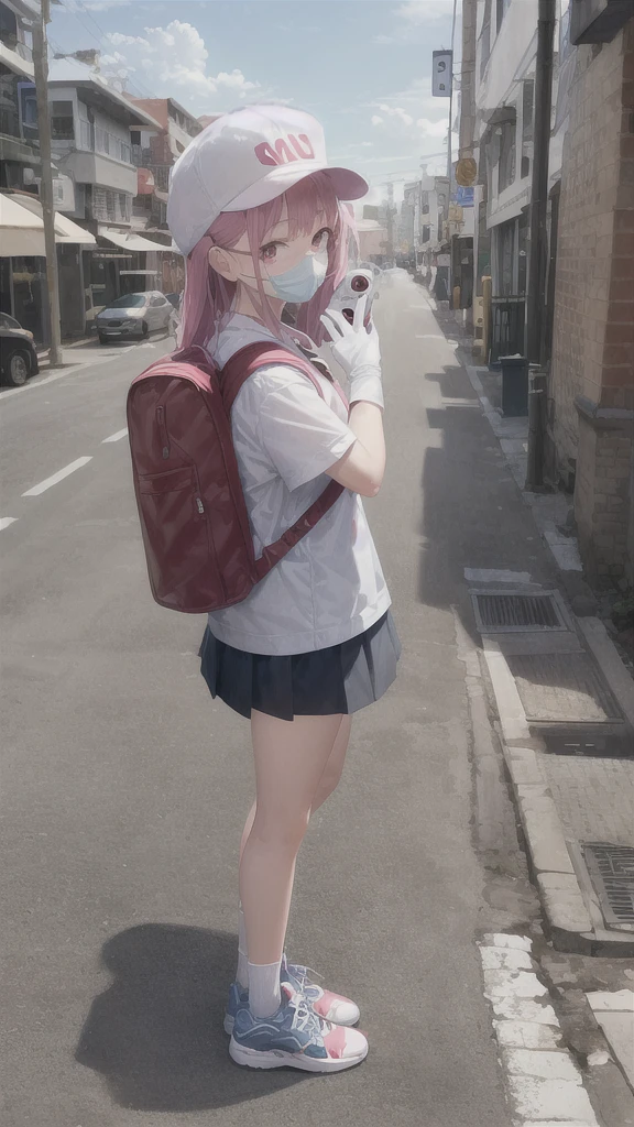 Japanese high school girl, standing on the sidewalk, posing with two fingers in both hands, distant view, pink hair, pink eyes, long hairstyle, wearing a white face mask, wearing a blue cap, wearing glasses with transparent lenses. , blue rims, raw footage, 4k resolution, white gloves, holding dual toy gun, backpack, long blue skirt down to the knee, white socks up to the knee, blue-white sneakers, street and city background, morning, bright blue sky, bright white clouds in random position.