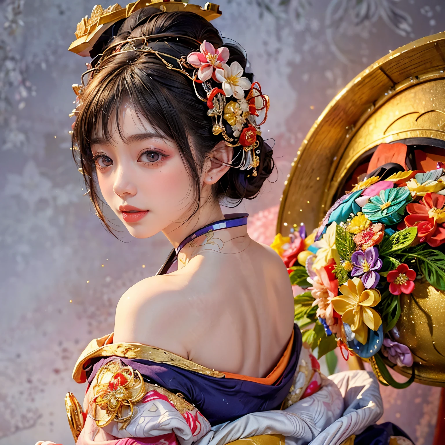 A neat and clean beauty with big breasts dressed as a Japanese-style oiran looking at the night sky and a little bit of her chest