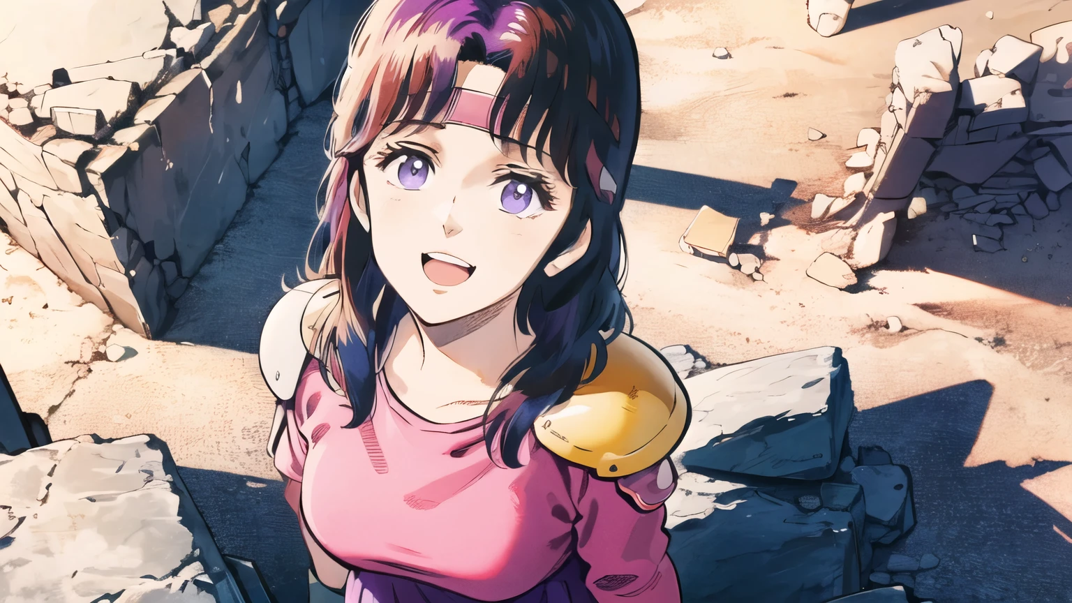 Rin, Purple Hair, Semi-long hair, Purple clothes, smile, Right-leaning composition, From above, Look Up, wilderness, rubble, Shoulder protector