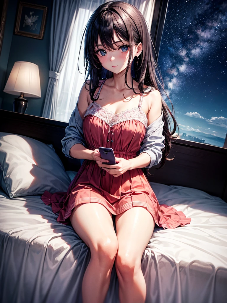 Highest quality,Highest Resolution,1Beautiful girl of the person,Get in bed and use your cell phone,sleep,holding a mobile phone in hand,Dark night room,