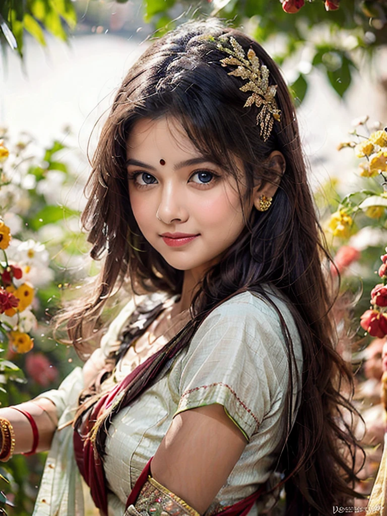 masterpiece, centered, 1 young Indian woman with a cute and radiant face, featuring exquisitely detailed eyes, expressing a mix of shyness, cuteness and joy, dressed in vibrant traditional Indian attire. She has a slim muscular figure and big breasts. Generate an 12k image, risbeauty indian,
