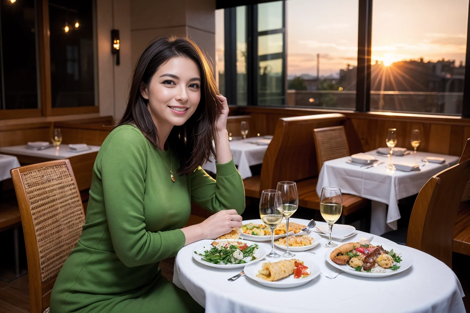 ((Highest quality、、masterpiece:1.3))、1 male、1 female、spouse、Beautiful couple、smile、full-course dinner、 (Slim face), (the body is スリム), (Brown Hair), (Shortcuts), ((Bob Hale、Straight hair:1.2)), テーブルの上のwine glass、Put the light on your face、 Amazing view of the sunset sky and clouds、smileの美しさ、Bright image、Blushing, Shortcuts, (43 years old), 39 years old, Appetizers、Italian food、Wine bottle、Champagne、sparkling wine、Long sleeve shirt、dress、Attractive beauty、restaurant, Nova Frog Style, actress, model, Upper Body, White wine, red wine, wine glass, 