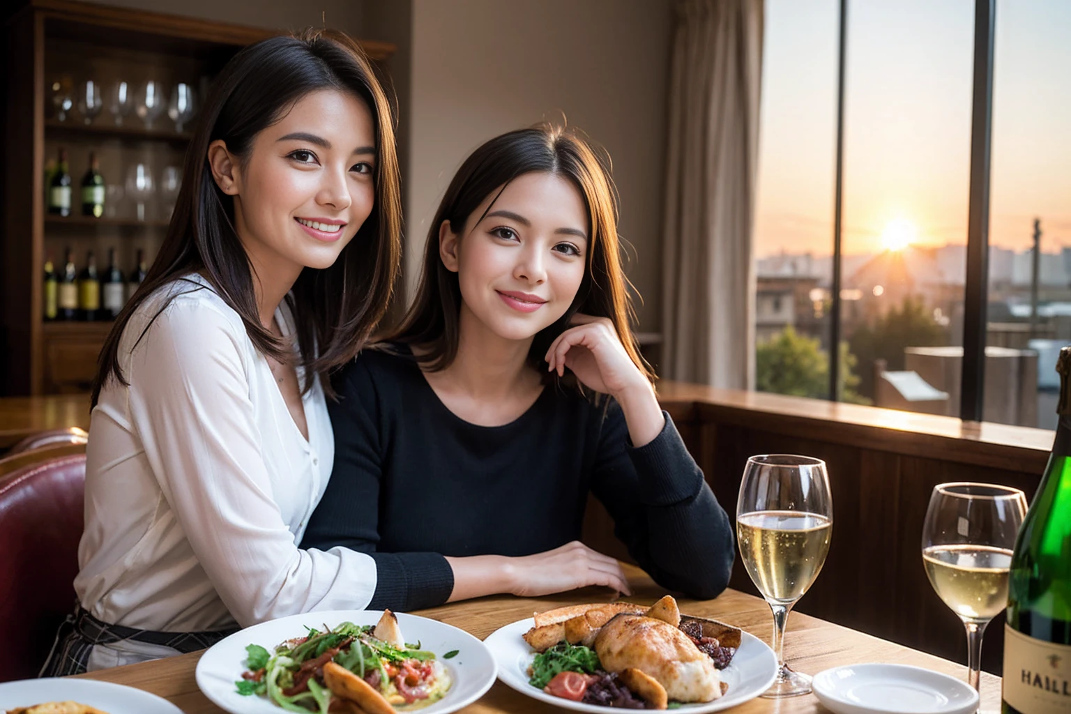 ((Highest quality、、masterpiece:1.3))、1 male、1 female、spouse、Beautiful couple、smile、full-course dinner、 (Slim face), (the body is スリム), (Brown Hair), (Shortcuts), ((Bob Hale、Straight hair:1.2)), テーブルの上のwine glass、Put the light on your face、 Amazing view of the sunset sky and clouds、smileの美しさ、Bright image、Blushing, Shortcuts, (43 years old), 39 years old, Appetizers、Italian food、Wine bottle、Champagne、sparkling wine、Long sleeve shirt、dress、Attractive beauty、restaurant, Nova Frog Style, actress, model, Upper Body, White wine, red wine, wine glass, 