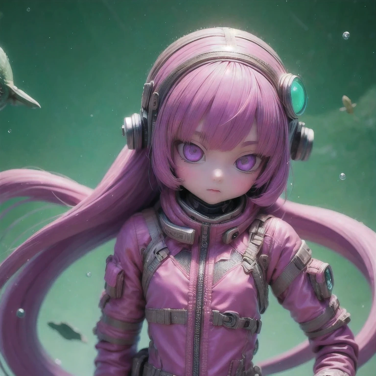 Photo of a college student, Purple Pink, Futuristic space suit, (freckle:0.8) Cute face, Science Fiction, Dystopia, Delicate eyes, Green pupils（（side view））
