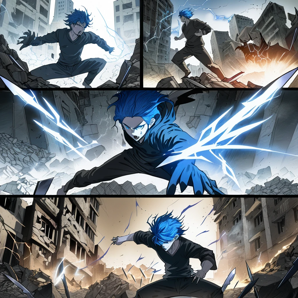 ((highest quality)), ((masterpiece)), ((detailed)), a dynamic scene with a man with blue hair and blue eyes in a powerful pose, throwing multiple knives emitting lightning at shadowy, demonic creatures made of smoke, set in a destroyed city with rubble, comic ebook storyboard, intense action, dramatic confrontation, high resolution, three panels HQ