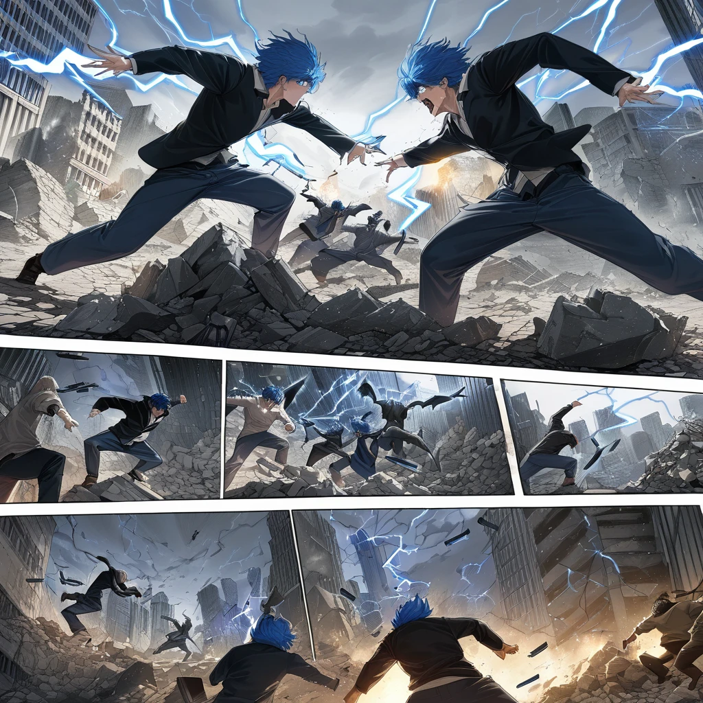 ((highest quality)), ((masterpiece)), ((detailed)), a dynamic scene with a man with blue hair and blue eyes in a powerful pose, throwing multiple knives emitting lightning at shadowy, demonic creatures made of smoke, set in a destroyed city with rubble, comic ebook storyboard, intense action, dramatic confrontation, high resolution, three panels HQ
